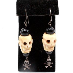 Vintage Sterling Silver Skull Sculpted Unique Dangle 3" Long Earrings